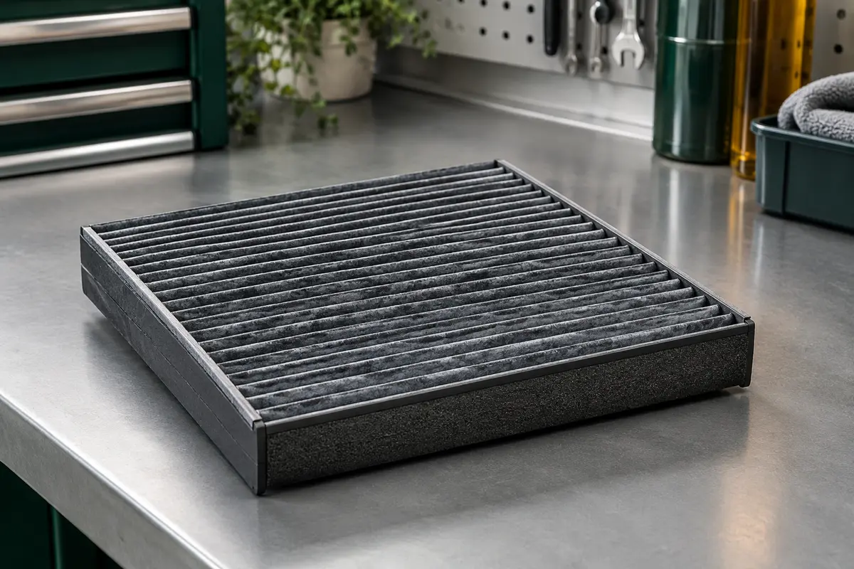Filtre d’habitacle rectangulaire à charbon actif posé sur un établi gris dans un atelier propre
