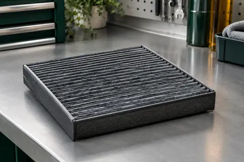 Filtre d’habitacle rectangulaire à charbon actif posé sur un établi gris dans un atelier propre