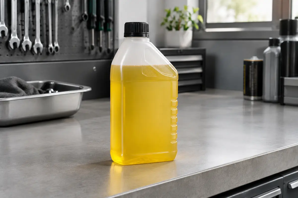 Flacon neutre de liquide de frein jaune DOT 4 posé sur un établi d’atelier propre.