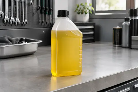 Flacon neutre de liquide de frein jaune DOT 4 posé sur un établi d’atelier propre.
