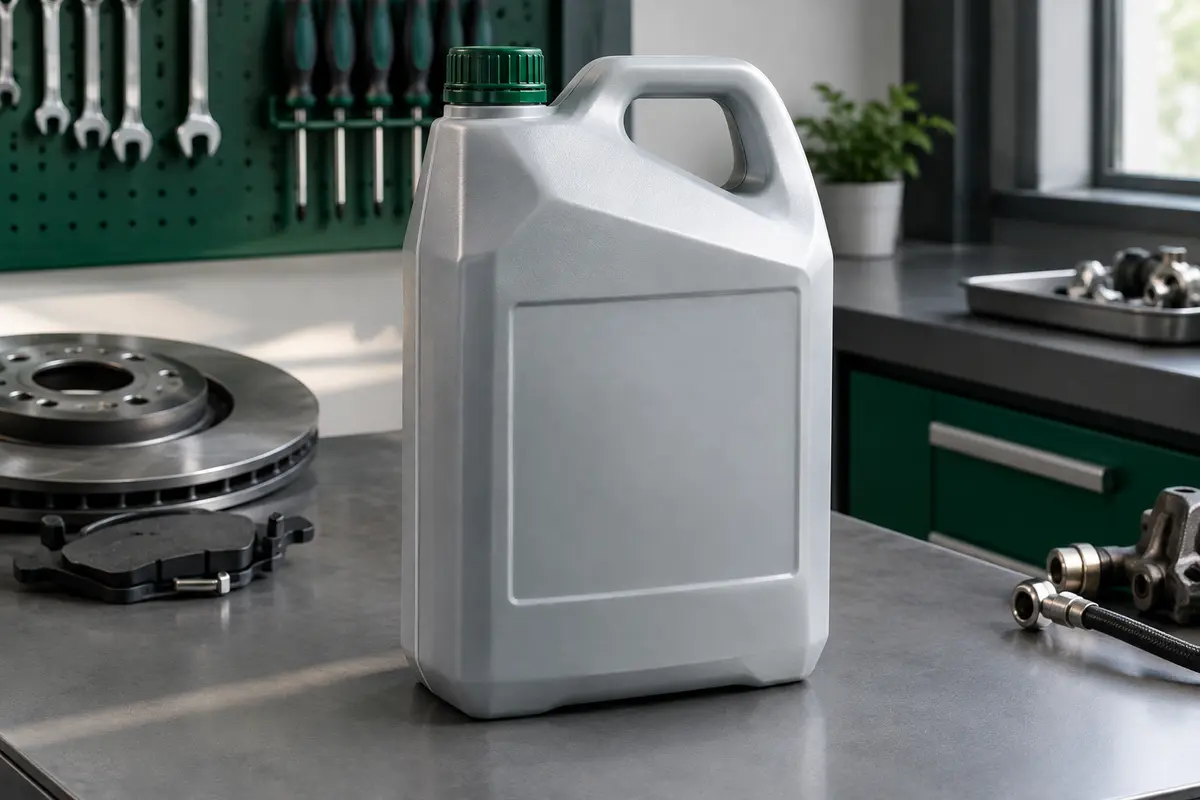 Bidon de liquide de frein DOT 4 de 5 litres posé sur un établi gris dans un atelier automobile propre.