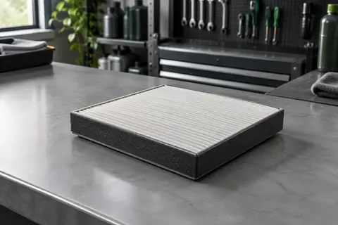 Filtre d’habitacle Bosch M2004 standard posé sur un établi gris dans un atelier propre