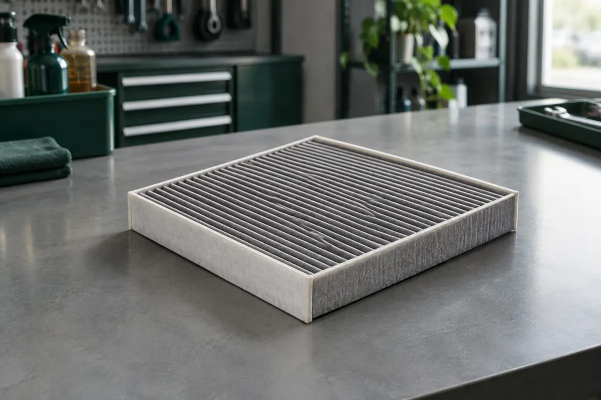 Filtre d’habitacle standard en papier posé sur un établi gris dans un atelier automobile propre