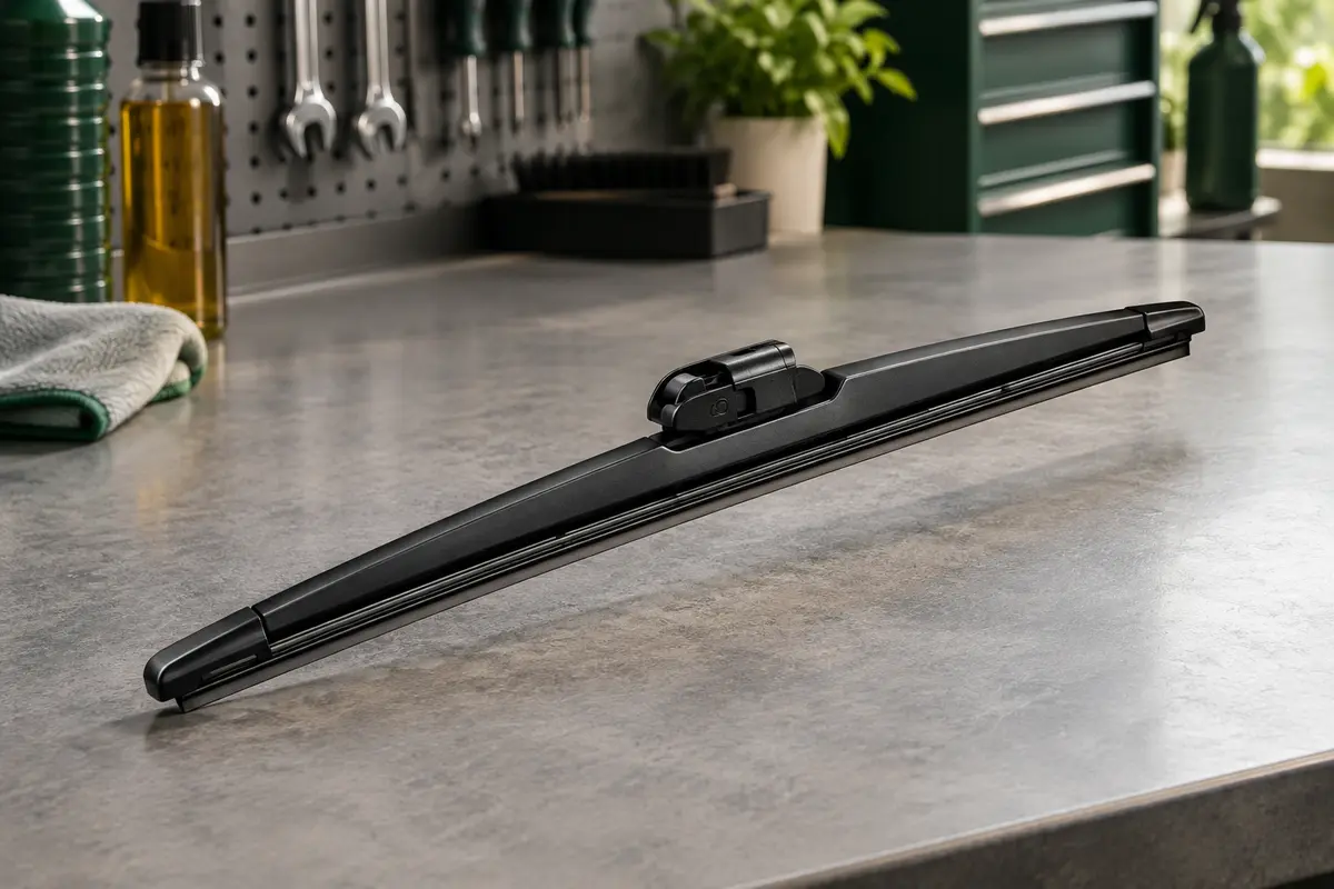 Balai d’essuie-glace arrière Bosch noir de 230 mm avec adaptateur prémonté, posé sur un établi