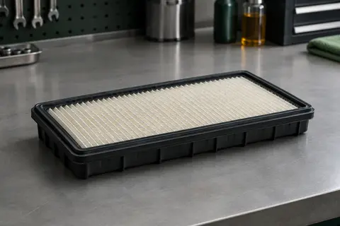 Filtre à air moteur Bosch S0220 à média plissé, posé sur un établi gris dans un atelier propre.