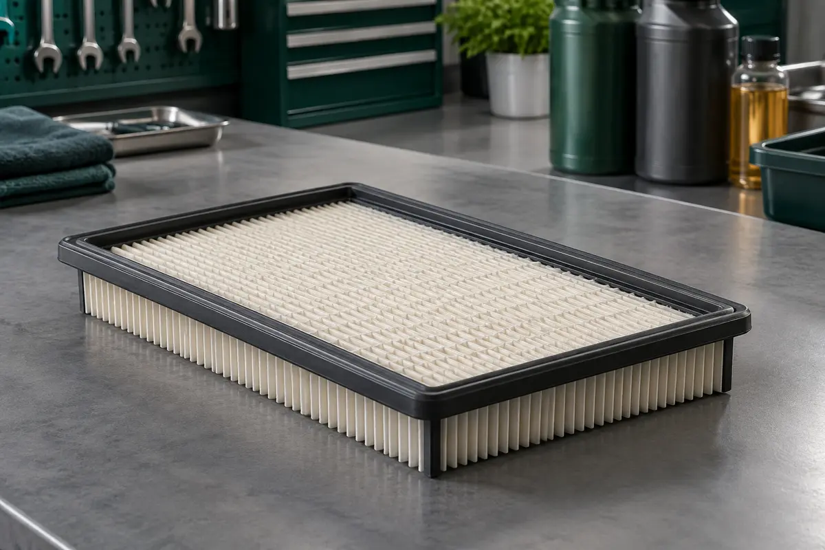 Filtre à air moteur Bosch S0360 à média plissé, posé sur un établi gris dans un atelier propre