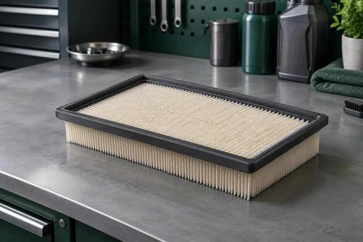 Filtre à air moteur Bosch S3160 à média plissé, posé sur un établi gris dans un atelier propre