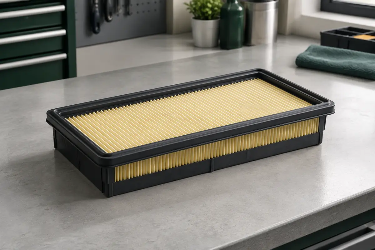Filtre à air moteur Bosch S9404 à média plissé et joints, posé sur un établi d’atelier propre