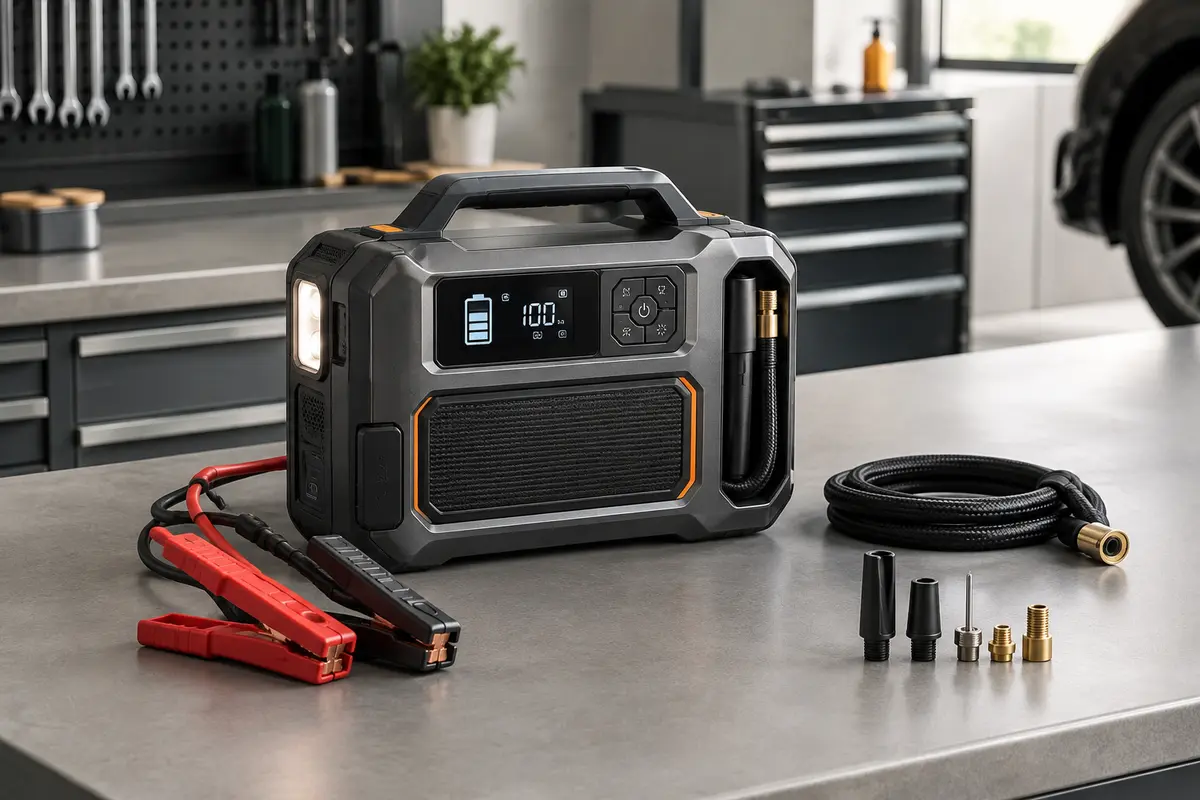 Booster de batterie Brpom G20 avec écran LCD, pinces et tuyau de compresseur sur un établi d’atelier