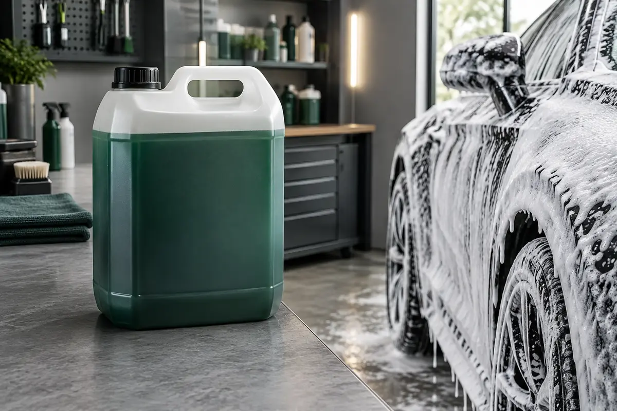Bidon de shampooing de prélavage près d’une carrosserie recouverte d’une épaisse mousse blanche.