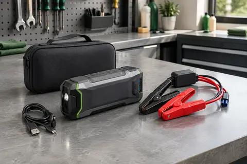 Booster de batterie compact avec pinces de démarrage et câble USB posé sur un établi d’atelier