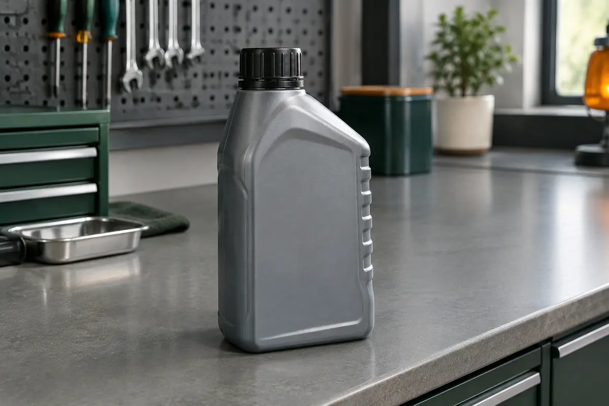 Flacon compact de liquide de frein posé sur un établi gris dans un atelier automobile propre
