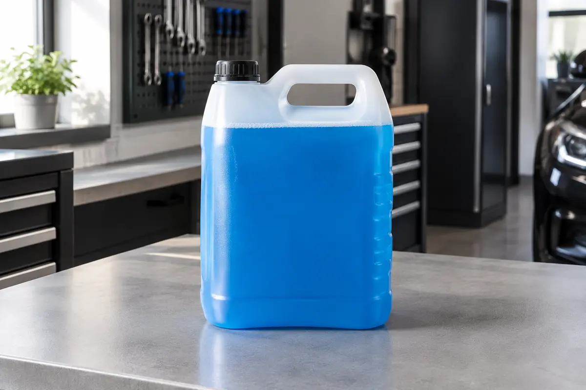 Lave-glace bleu toutes saisons dans un contenant neutre, posé sur un établi d’atelier propre.
