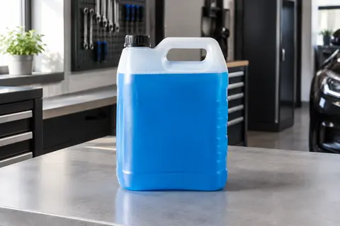 Lave-glace bleu toutes saisons dans un contenant neutre, posé sur un établi d’atelier propre.