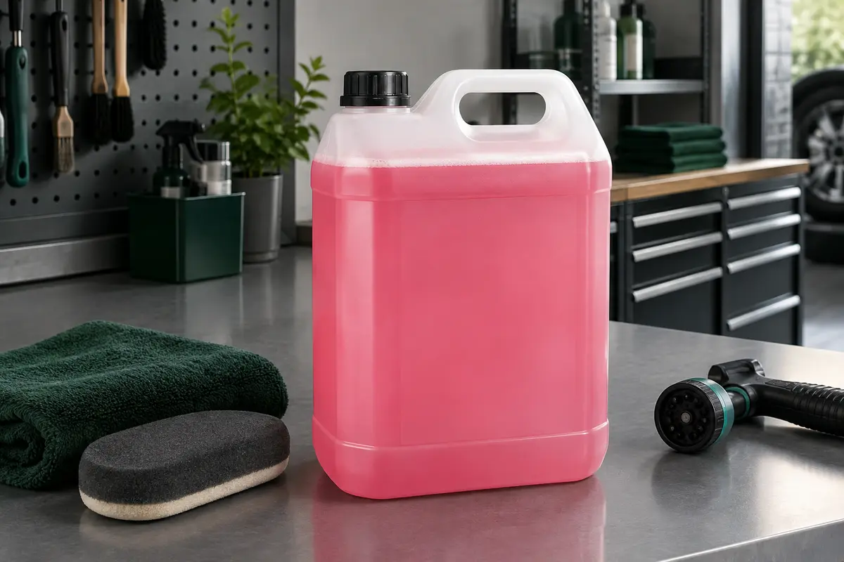 Bidon de rinçage à la cire rose posé sur un établi gris dans un atelier automobile propre.