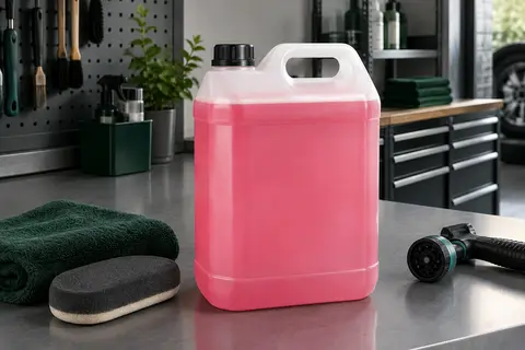 Bidon de rinçage à la cire rose posé sur un établi gris dans un atelier automobile propre.
