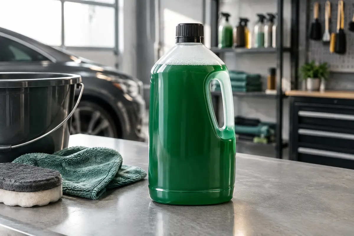 Shampoing automobile vert de 2 L posé sur un établi gris dans un atelier propre