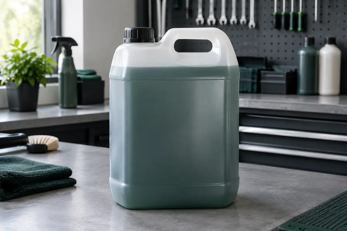Bidon de shampooing auto liquide de 5 litres posé sur un établi gris dans un atelier propre