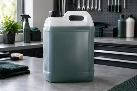 Bidon de shampooing auto liquide de 5 litres posé sur un établi gris dans un atelier propre