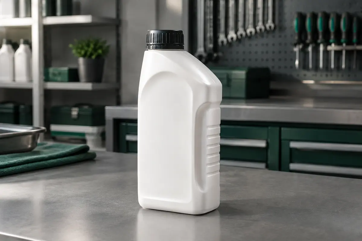 Bidon d’un litre d’huile moteur Castrol 5W-30 posé sur un établi dans un atelier propre.