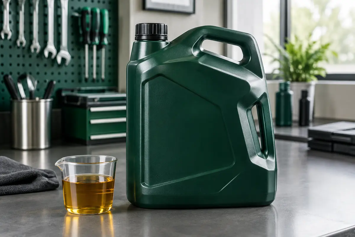 Bidon de 5 litres d’huile moteur Castrol GTX 5W-30 RN17 posé sur un établi d’atelier automobile