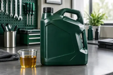 Bidon de 5 litres d’huile moteur Castrol GTX 5W-30 RN17 posé sur un établi d’atelier automobile