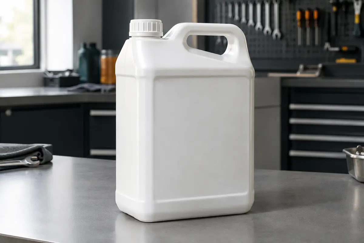 Bidon blanc de 5 litres d’huile moteur posé sur un établi gris dans un atelier propre