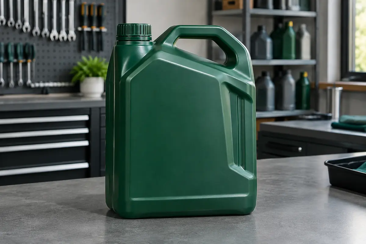 Bidon vert de 5 litres d’huile moteur synthétique posé sur un établi gris d’atelier