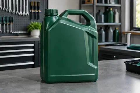 Bidon vert de 5 litres d’huile moteur synthétique posé sur un établi gris d’atelier