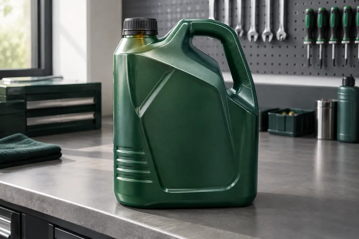 Bidon de 5 L d’huile moteur Castrol Magnatec posé sur un établi gris dans un atelier propre.