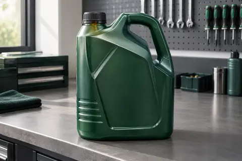 Bidon de 5 L d’huile moteur Castrol Magnatec posé sur un établi gris dans un atelier propre.
