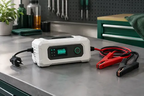 Chargeur de batterie 12 V blanc avec écran LED et pinces, posé sur un établi d’atelier