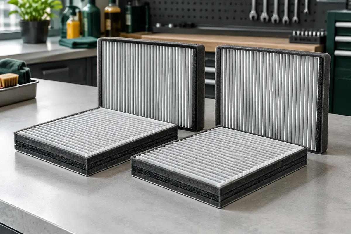 Quatre filtres d’habitacle plissés HEPA et charbon actif disposés sur un établi gris clair