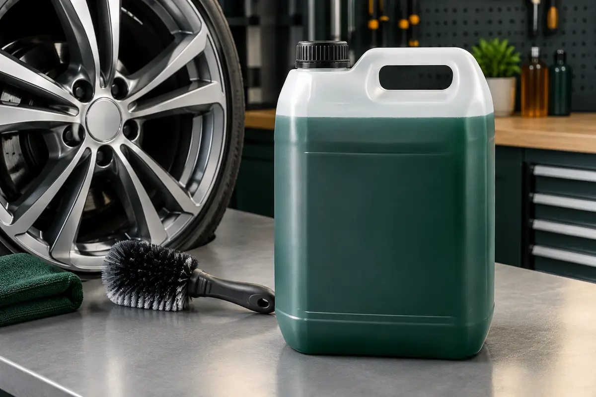 Bidon de 5 litres de nettoyant liquide pour jantes posé sur un établi d’atelier automobile