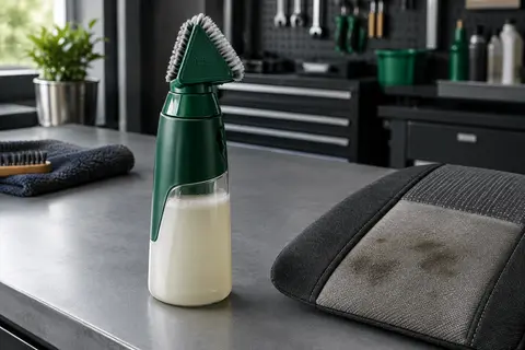 Flacon de détachant textile avec brosse triangulaire posé près d’un échantillon de tissu de siège auto.