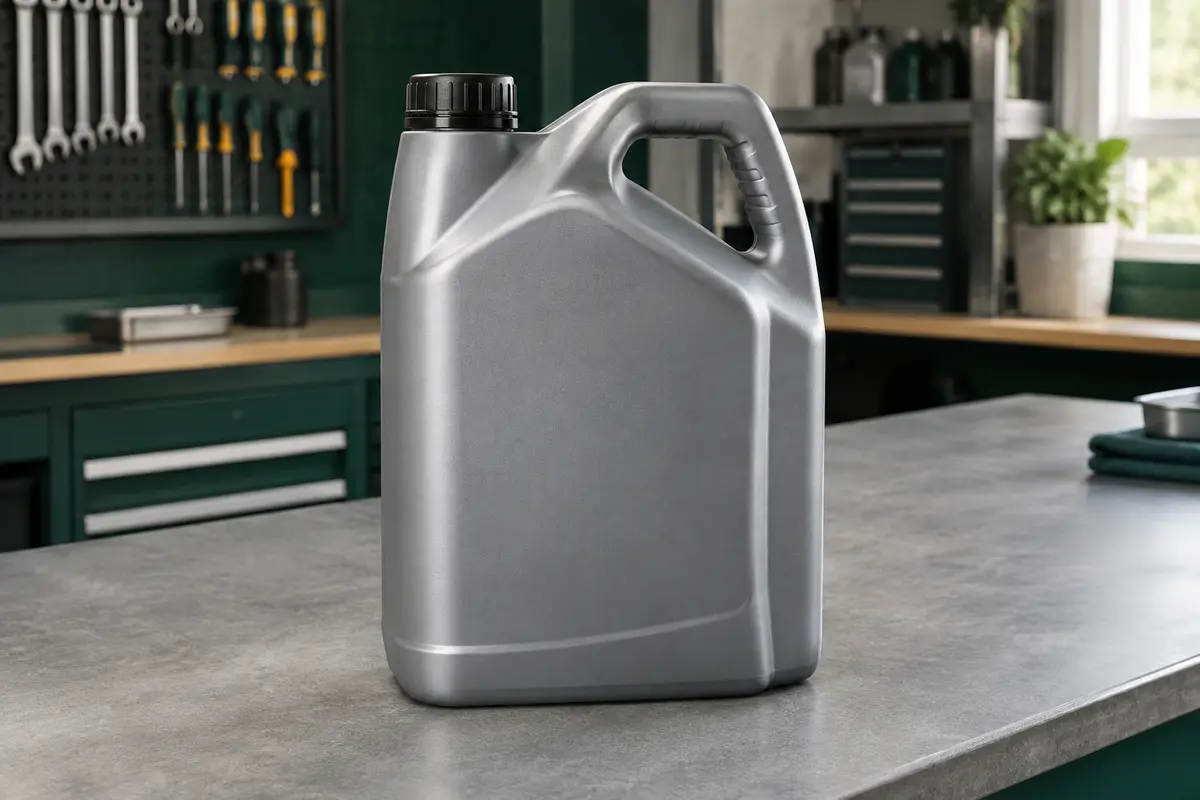 Bidon d’huile moteur ELF Evolution 900 5W-40 posé sur un établi dans un atelier automobile propre