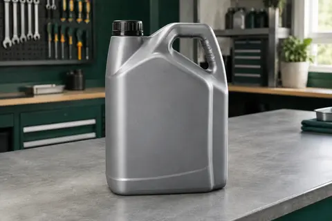 Bidon d’huile moteur ELF Evolution 900 5W-40 posé sur un établi dans un atelier automobile propre