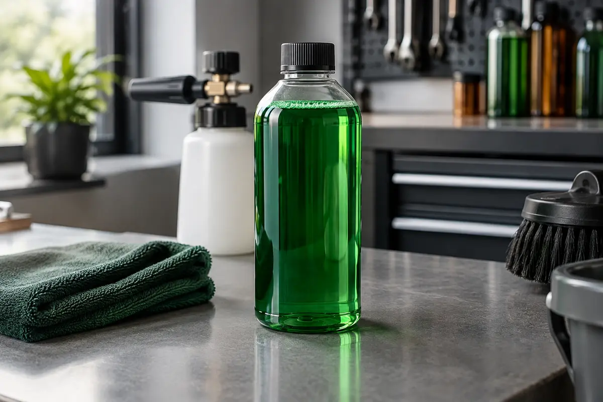 Flacon de shampoing auto concentré vert posé sur un établi gris dans un atelier propre.