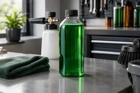 Flacon de shampoing auto concentré vert posé sur un établi gris dans un atelier propre.