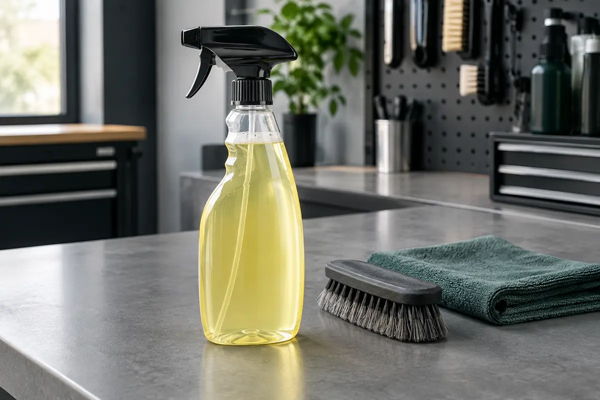 Flacon spray de nettoyant textile jaune pâle posé sur un établi d’atelier automobile