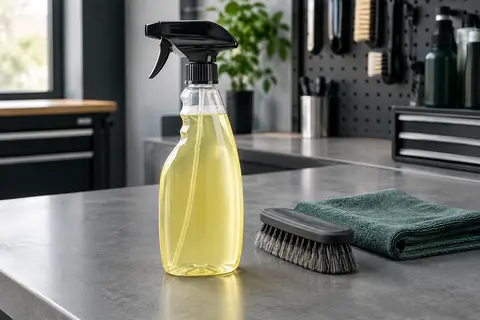 Flacon spray de nettoyant textile jaune pâle posé sur un établi d’atelier automobile