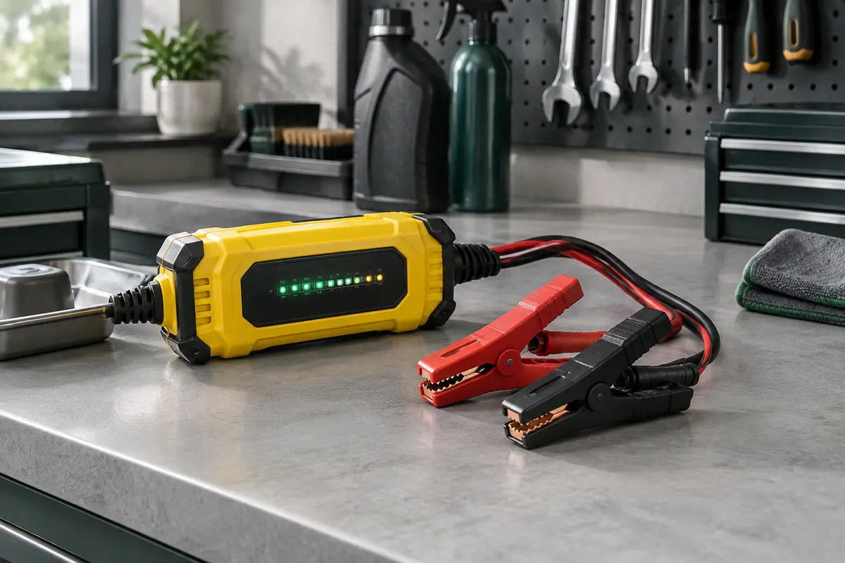 Chargeur de batterie jaune à écran LED, avec câbles et pinces crocodile, posé sur un établi d’atelier.