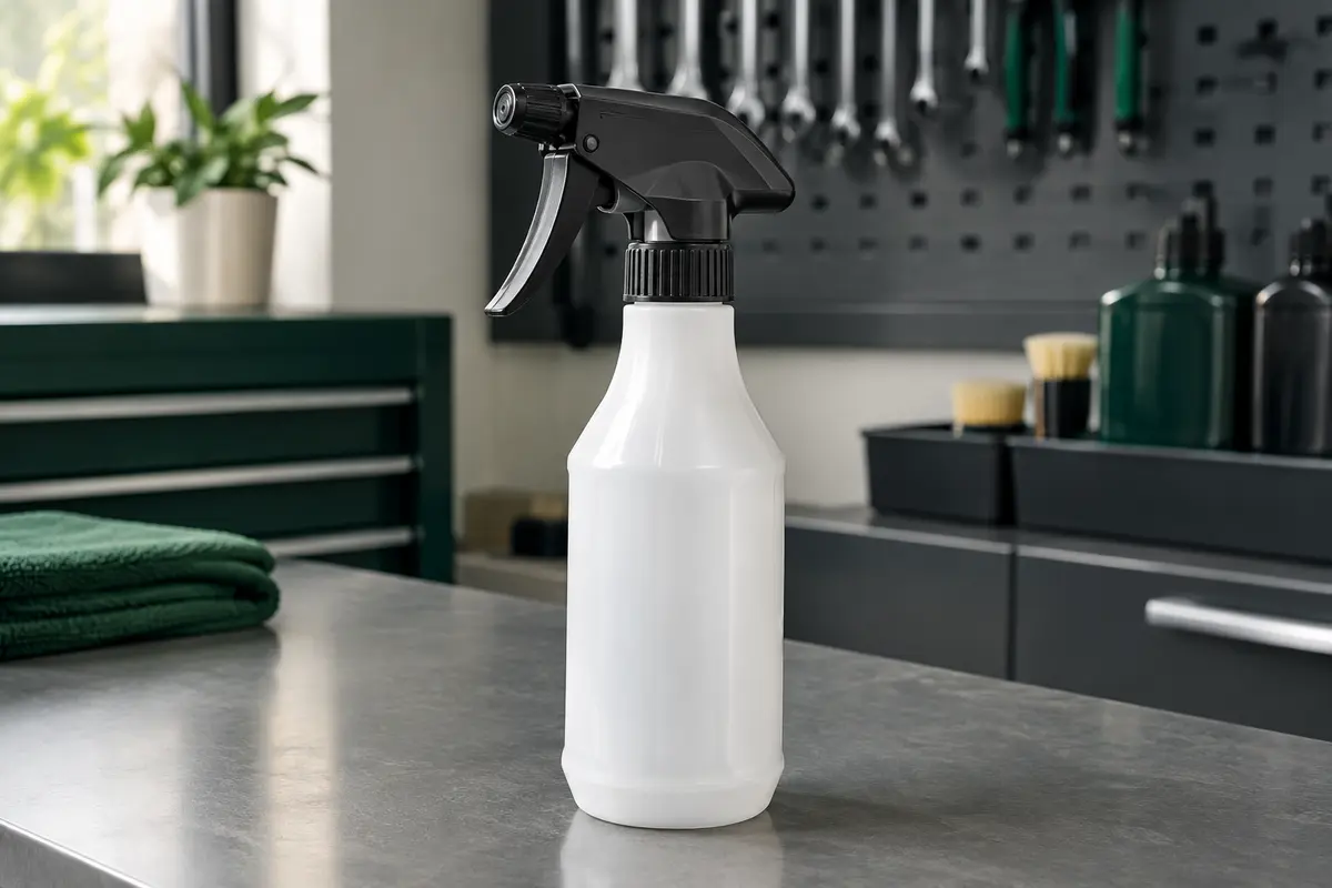 Bidon pulvérisateur de nettoyant pour jantes posé sur un établi gris dans un atelier automobile propre.