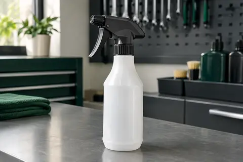 Bidon pulvérisateur de nettoyant pour jantes posé sur un établi gris dans un atelier automobile propre.