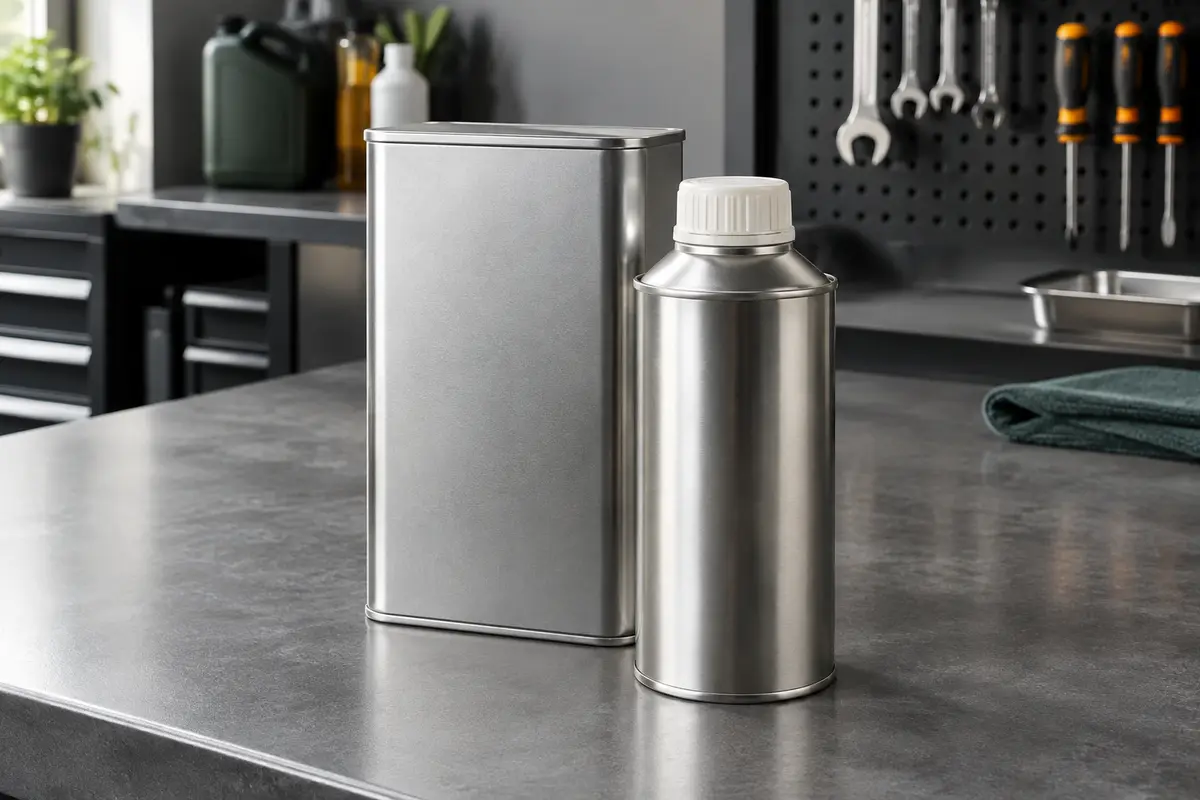 Flacon métallique de remétallisant moteur 250 ml posé avec sa boîte sur un établi d’atelier automobile.