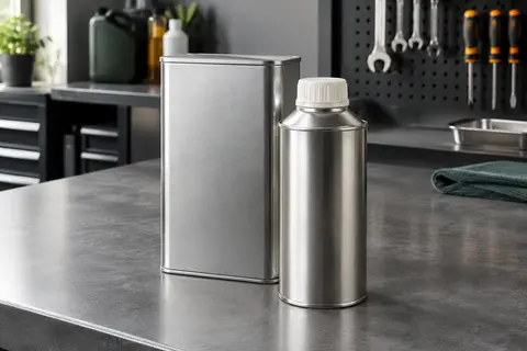 Flacon métallique de remétallisant moteur 250 ml posé avec sa boîte sur un établi d’atelier automobile.