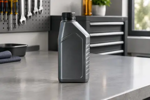 Flacon plastique de traitement d’huile moteur Facom 006001 de 200 ml posé sur un établi d’atelier