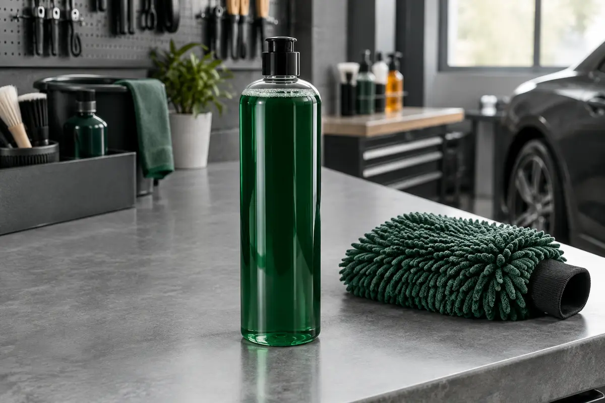 Flacon d’un litre de shampoing carrosserie posé sur un établi gris dans un atelier automobile propre.