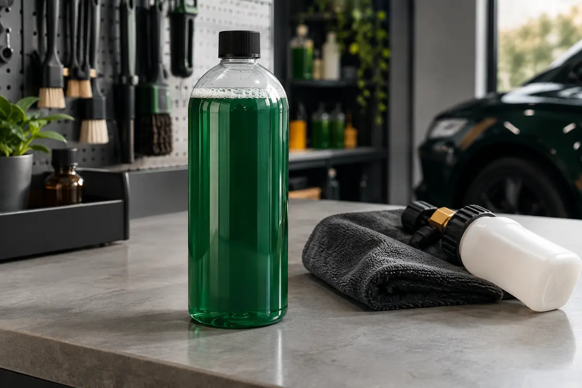 Contenant d’un litre de mousse de prélavage automobile posé sur un établi gris dans un atelier propre.
