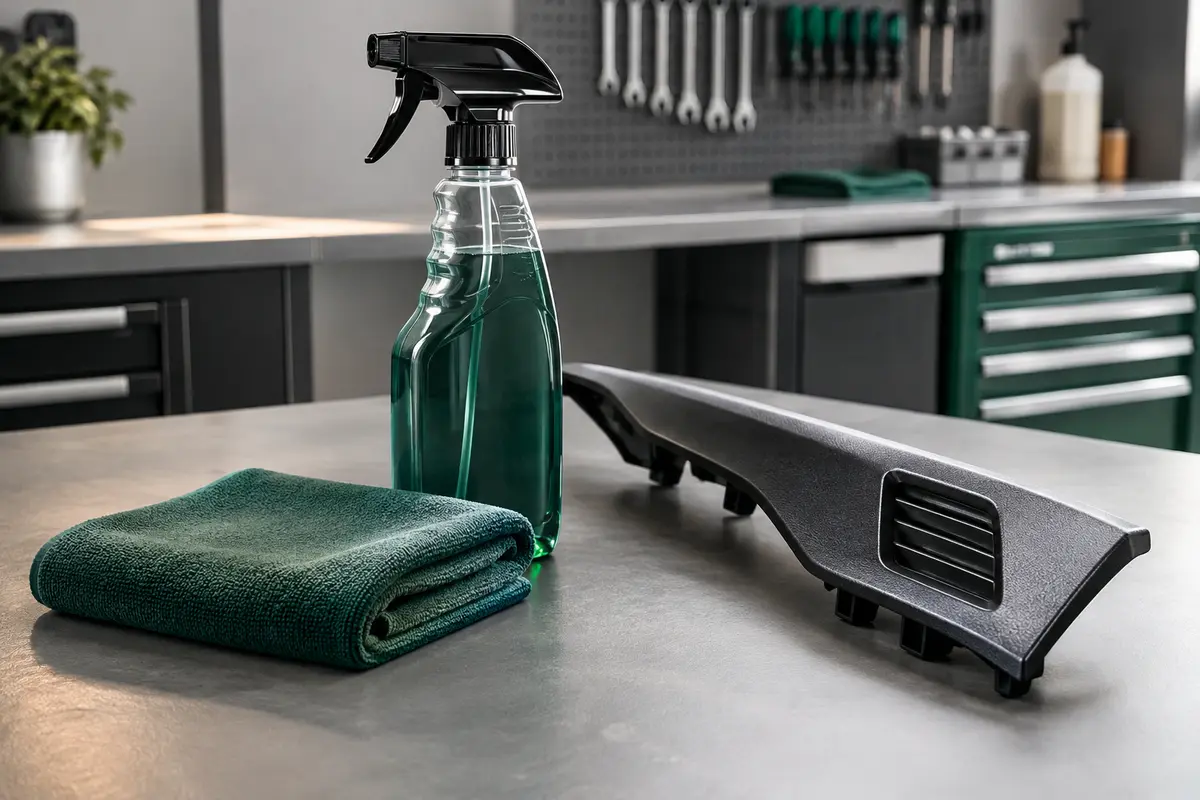 Flacon de nettoyant pour plastiques automobiles accompagné d’un chiffon microfibre sur un établi d’atelier.